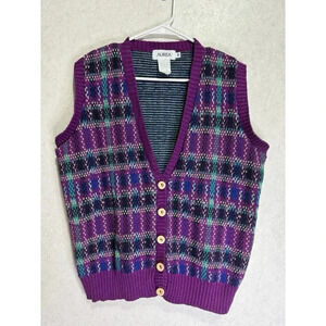 Vintage Women Purple Multicolor Plaid CottonKnit Vest Outdoors 90s Retro MEDIUM